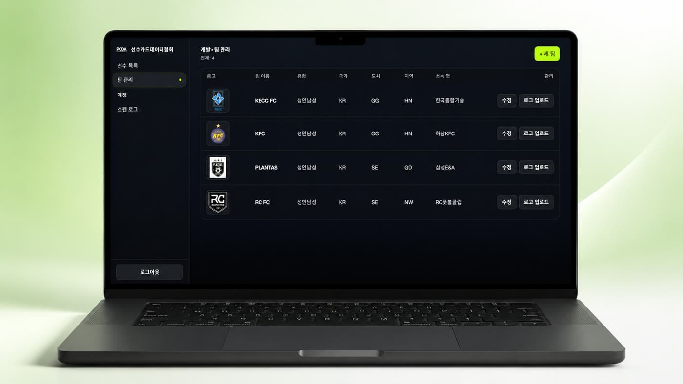 RC Sport 플랫폼의 팀 관리 화면